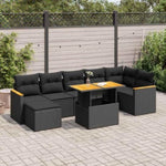 ZNTS 8 Piece Garden Sofa Set with Cushions Black Poly Rattan Acacia 3327513