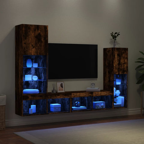 4 Piece TV Wall Units with LED Smoked Oak Engineered Wood 3216658