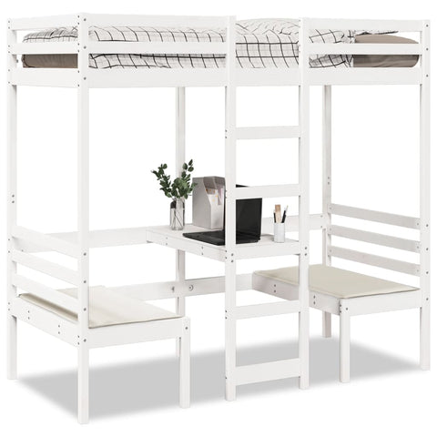 ZNTS Loft Bed Frame with Desk and Chairs White 80x200cm Solid Wood Pine 3308557