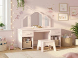 Kids Dressing Table, Kids Vanity Table and Chair Set with Tri-Folding Mirror, 2 Drawers, 2 Cabinets T3398P548791