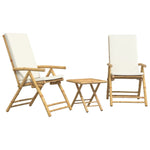 ZNTS 3 Piece Folding Bistro set with Cream White Cushions Bamboo 3208931