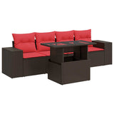 5 Piece Garden Sofa Set with Cushions Brown Poly Rattan Acacia 3326725