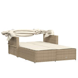 Double Sun Lounger with Canopy and Cushions Beige Poly Rattan 365810
