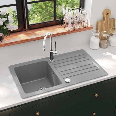 ZNTS Granite Kitchen Sink Single Basin with Drainer Reversible Grey 141670