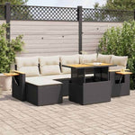 ZNTS 7 Piece Garden Sofa Set with Cushions Black Poly Rattan Acacia 3327619