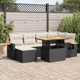 ZNTS 7 Piece Garden Sofa Set with Cushions Black Poly Rattan Acacia 3327619