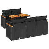 6 Piece Garden Sofa Set with Cushions Black Poly Rattan Acacia 3327436