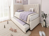 Upholstered Bed Daybed with Pull-Out Bed, 3FT Single Sofa Bed 90 x 190 cm, Ottoman Bed Trundle Beds N601P377081B