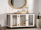 Dog Crate Furniture, Dog Cage End Table, with Wheels, for Large Dogs, 106 x 60 x 82 cm - White T3398P376404