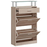 Shoe Cabinet with a Drawer and a Top Glass Shelf Wood Oak Look 241245