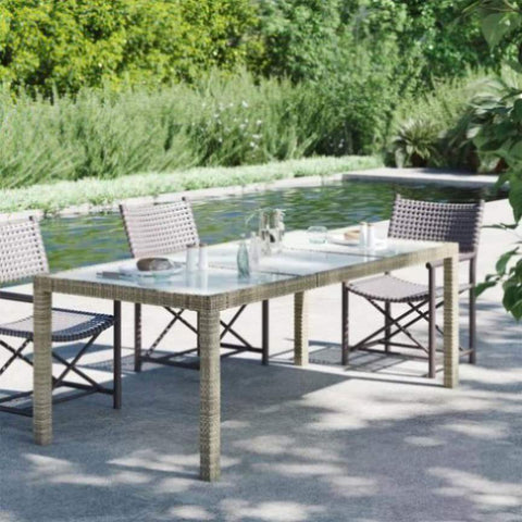 Garden Table Grey 190x90x75 cm Tempered Glass and Poly Rattan 316714