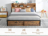 Industrial Double Bed Frame, 4.6FT Steel Bed Base with Storage Headboard, Footboard, Slatted Support T3398P423093