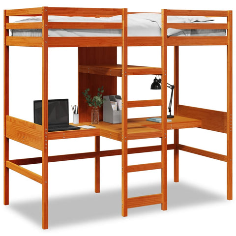 ZNTS Loft Bed Frame with Desk and Shelves Wax Brown 90x200cm Solid Wood Pine 3308543