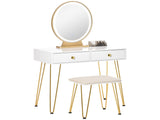 Dressing Table Set with LED Light, Round Mirror, Vanity Makeup Table with 2 Drawers and Cushioned T3398P329538