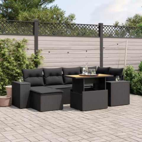 ZNTS 7 Piece Garden Sofa Set with Cushions Black Poly Rattan 3272735