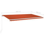 ZNTS Manual Retractable Awning with LED 600x300 cm Orange and Brown 3068965