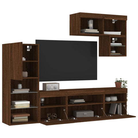 ZNTS 6 Piece TV Wall Units with LED Brown Oak Engineered Wood 3216738