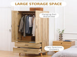 2 Door Wardrobe, Modern Wardrobe with 2 Drawer and Hanging Rail for Bedroom, Natural T3398P378726