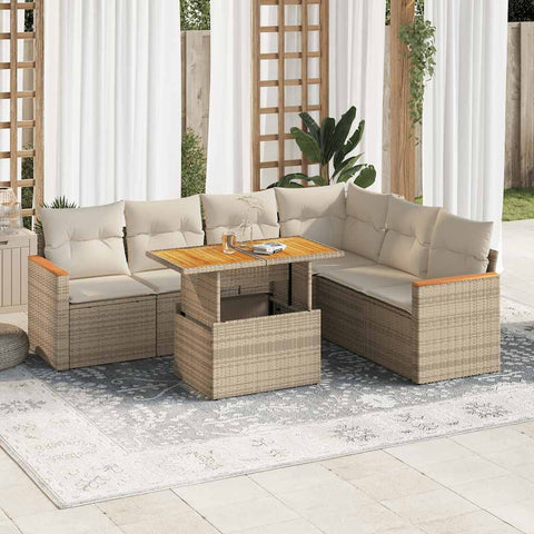 ZNTS 7 Piece Garden Sofa Set with Cushions Beige Poly Rattan Acacia 3327495