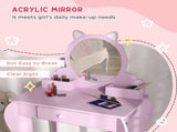 Kids Vanity Table with Mirror, Stool, Drawer, Storage Boxes, Cat Design, for Ages 3-6 Years - Pink T3398P422146