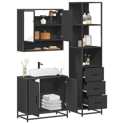 ZNTS 3 Piece Bathroom Furniture Set Black Engineered Wood 3301155