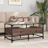 Coffee Table with Glass Top Brown Oak 98.5x50x45 cm Steel 846048