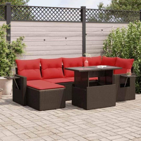 7 Piece Garden Sofa Set with Cushions Brown Poly Rattan Acacia 3326515