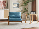 Mid-Century Oak Accent Chair - Linen-Cotton Navy Blue Upholstered Single Lounge Chair, Indoor 88345572