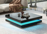 Black Square High Gloss Coffee Table with 360&deg Rotating Top, Tea Table with LED light, 70x70x36 WF324655BAA