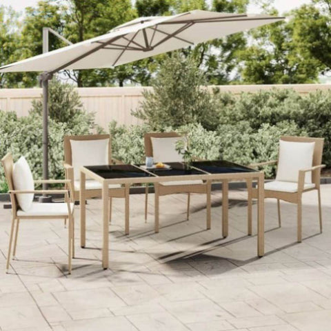 Garden Table with Glass Top Beige Poly Rattan&Tempered Glass 319553