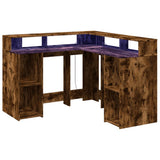 Desk with LED Lights Smoked Oak 130x130x91 cm Engineered Wood 3309451
