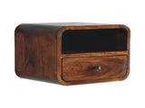 Solid Wood Extra Mini Wall Mounted Curved Chestnut Bedside, 1 Drawer and Open Slot, Dark Brown B2743P403036