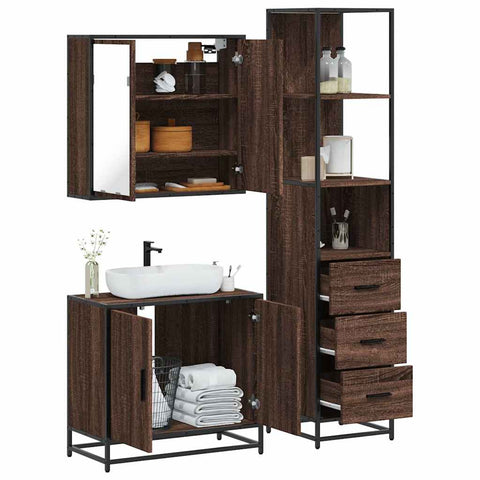 ZNTS 3 Piece Bathroom Furniture Set Brown Oak Engineered Wood 3301129