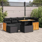 7 Piece Garden Sofa Set with Cushions Black Poly Rattan Acacia 3327730