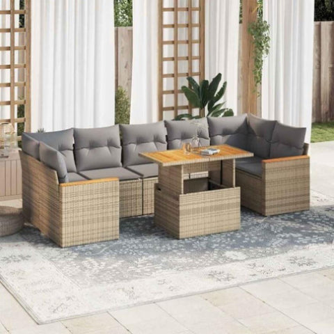 7 Piece Garden Sofa Set with Cushions Beige Poly Rattan Acacia 3327461