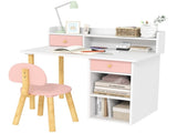 2 Pieces Children Study Table with Hutch, Kids Desk and Chair Set with Storage, Drawer, Shelves, T3398P379031