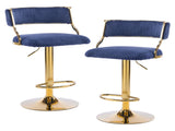 2pcs Blue Corduroy Swivel Bar Stools with Gold Plated Trumpet Base and Height Adjustable Gas Lift 52678700