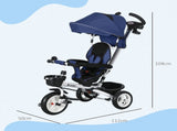 Metal Frame 6 in 1 Baby Push Tricycle with Parent Handle for 1-5 Years Old, Dark Blue T3398P348153