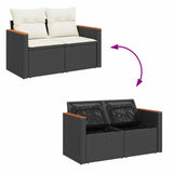 5 Piece Garden Sofa Set with Cushions Black Poly Rattan Acacia 3327479