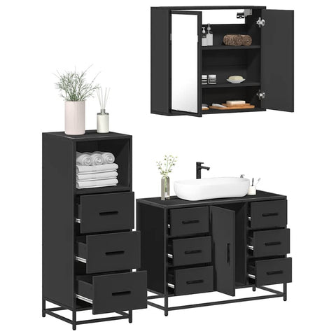 ZNTS 3 Piece Bathroom Furniture Set Black Engineered Wood 3301020