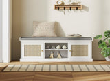 Boho Shoe Storage Bench with Padded Cushion and Rattan Doors - White T3398P423862