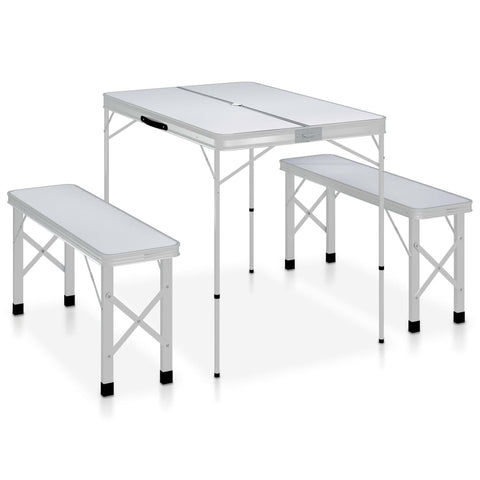Folding Camping Table with 2 Benches Aluminium White 48181