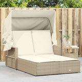 Double Sun Lounger with Canopy and Cushions Beige Poly Rattan 365810