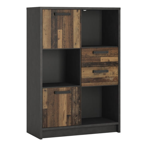 Brooklyn Low Bookcase with 2 Doors and 2 Drawers in Walnut and Dark Matera Grey 4430574
