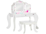 Kids Vanity Table and Chair Set with Tri-Folding Mirror and Stool, Makeup Dressing Table with T3398P347674