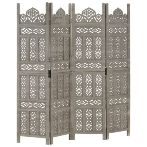 Hand carved 4-Panel Room Divider Grey 160x165 cm Solid Mango Wood 285322