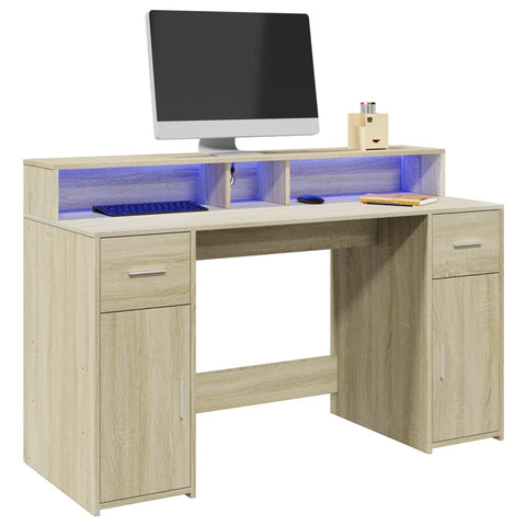 Desk with LED Lights Sonoma Oak 140x55x91 cm Engineered Wood 3309422