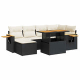 7 Piece Garden Sofa Set with Cushions Black Poly Rattan Acacia 3327619