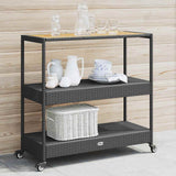 Bar Cart 3-Tier Black Poly Rattan and Solid Wood Acacia 368723