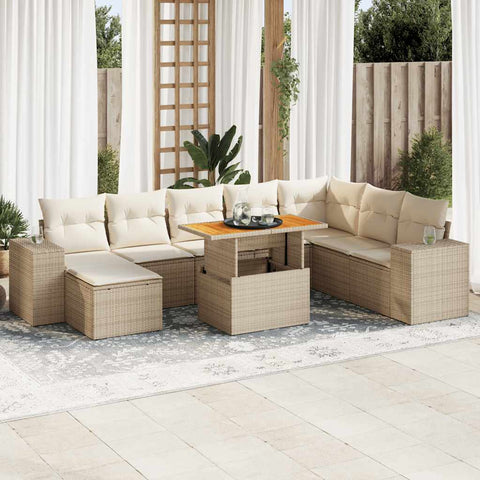 ZNTS 9 Piece Garden Sofa Set with Cushions Beige Poly Rattan Acacia 3327411